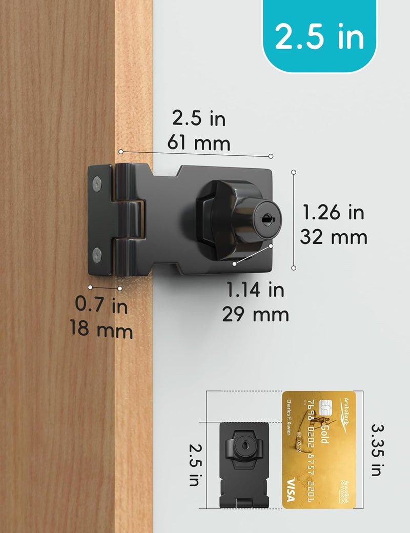 I-EASYDWW 2.5 Inch Keyed Hasp Lock for Cabinets & Small Doors, Twist Knob Design, Heavy Duty Zinc Alloy with Chrome-Plated Iron, Includes Keys & Screws - Black, 3 Pack - Image 2